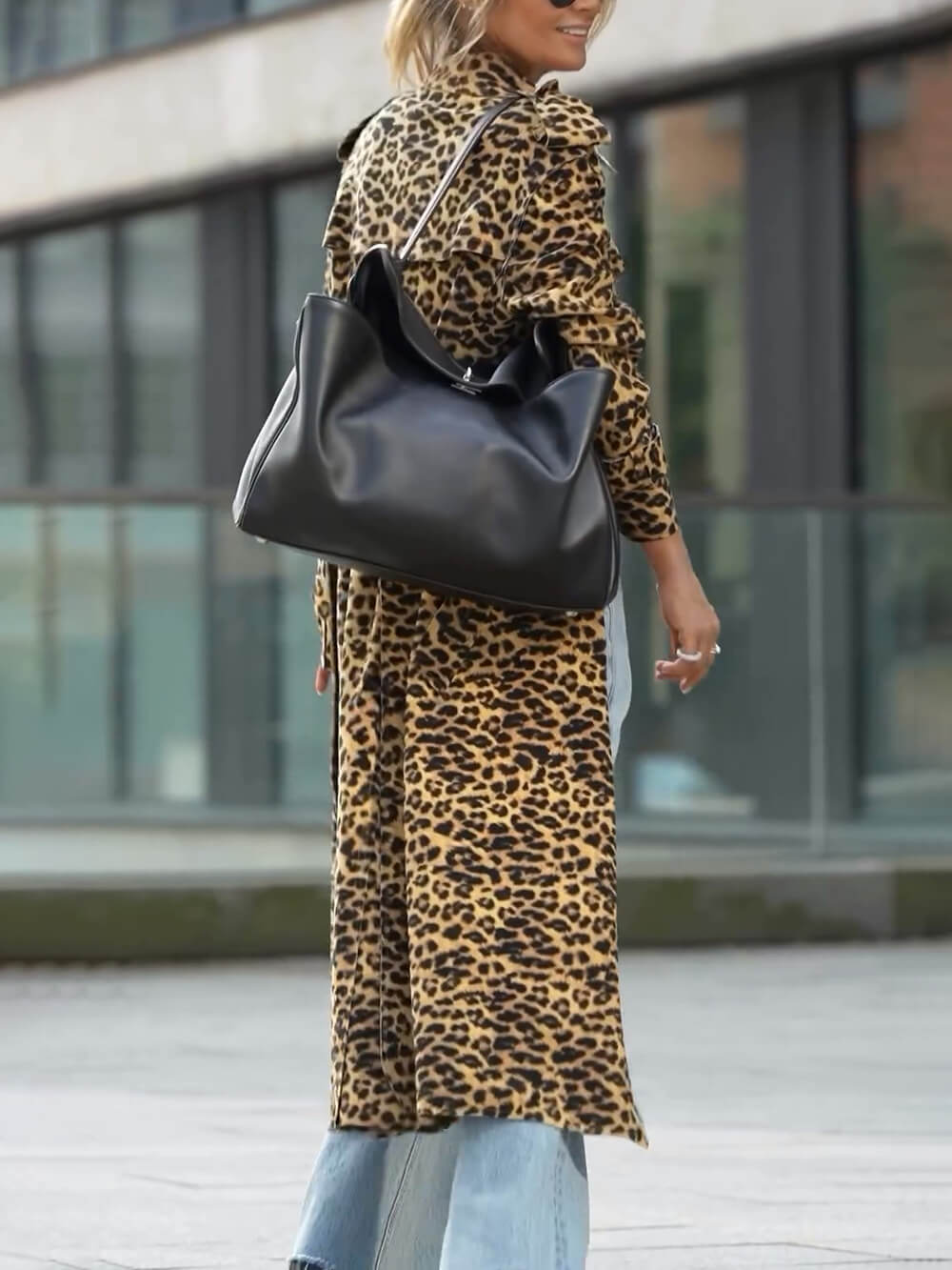 Unik Be Free Leopard Print Langærmet Løs Midi Trench Coat