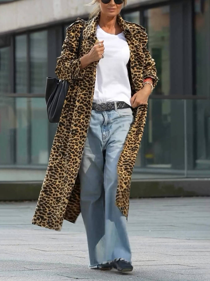 Unik Be Free Leopard Print Langærmet Løs Midi Trench Coat