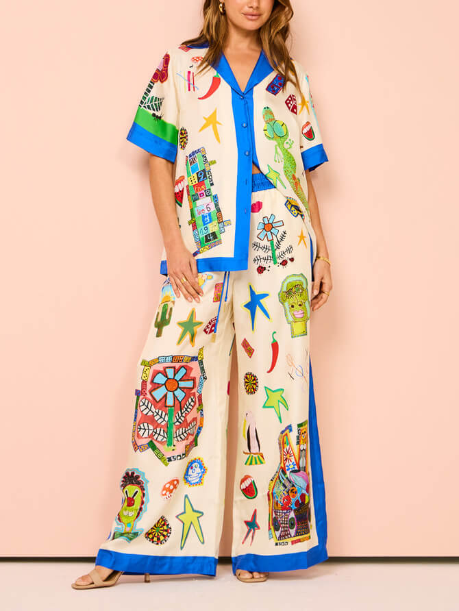 Εξατομικευμένο εμπριμέ ασορτί χρώματος Holiday casual δαντέλα παντελόνι-σετ φαρδύ