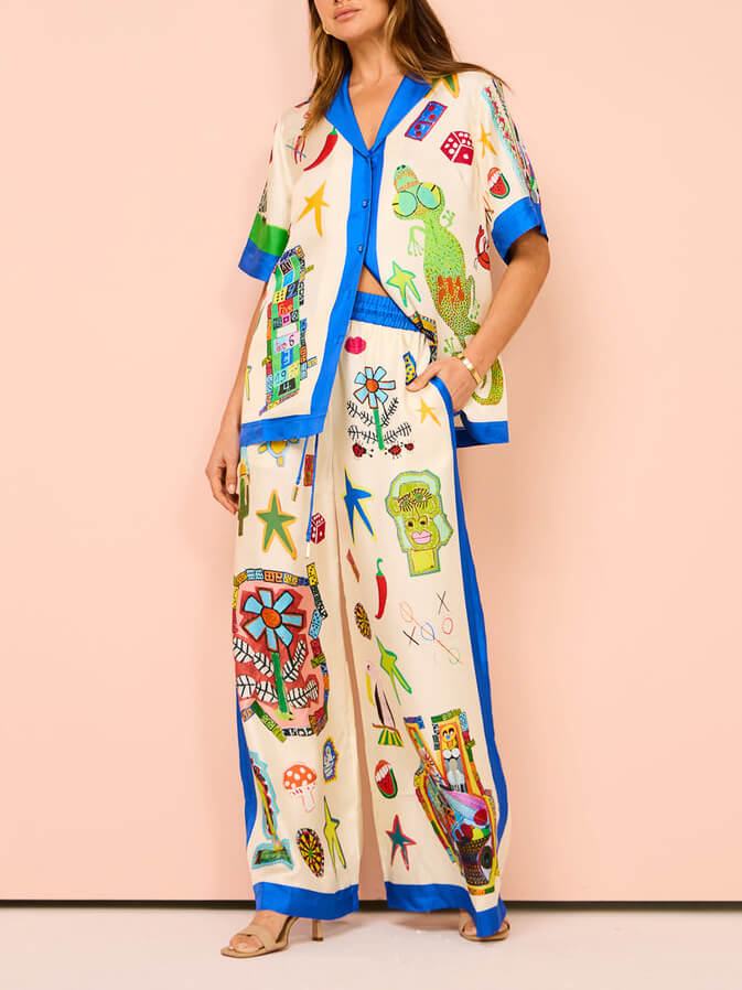 Εξατομικευμένο εμπριμέ ασορτί χρώματος Holiday casual δαντέλα παντελόνι-σετ φαρδύ