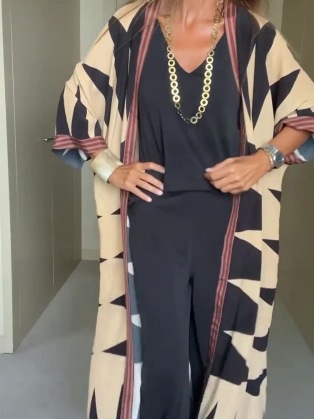 Cardian-Kimono im Bohemian-Stil mit geometrischem Druck