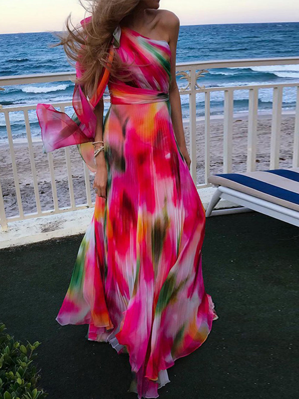 Rainbow Pleated Neck Maxi Dress