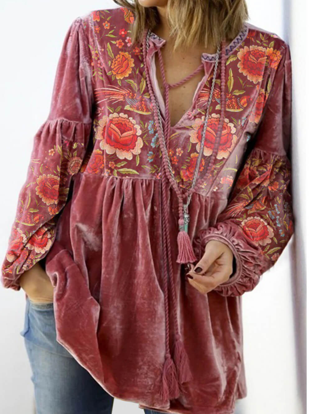 Embroidery Velvet Fringed Top