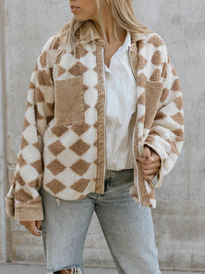 Rhombus Pattern Jacket Corduroy Patch Pockets
