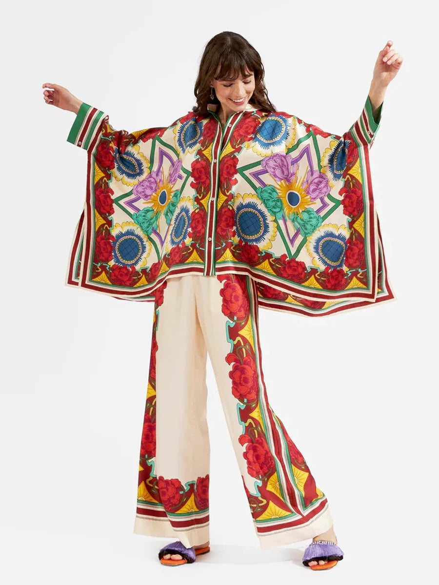 Σετ παντελόνι με φίνο σατέν Floral print Batwing Sleeve Pants - Κόκκινα λουλούδια