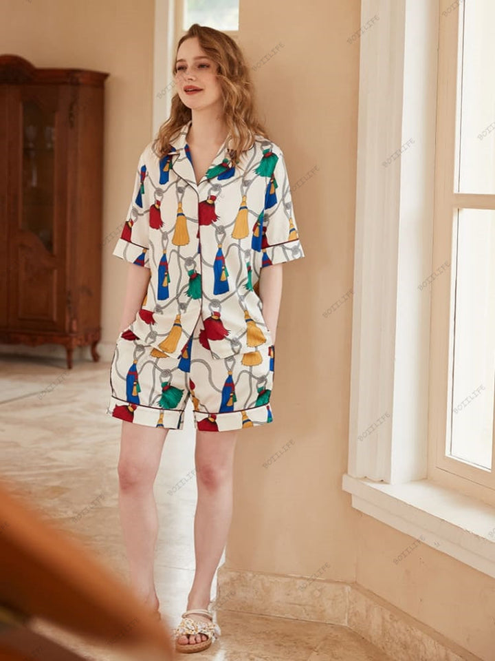 Frynsemønster Is Silke Kortærmet Loungewear Sæt