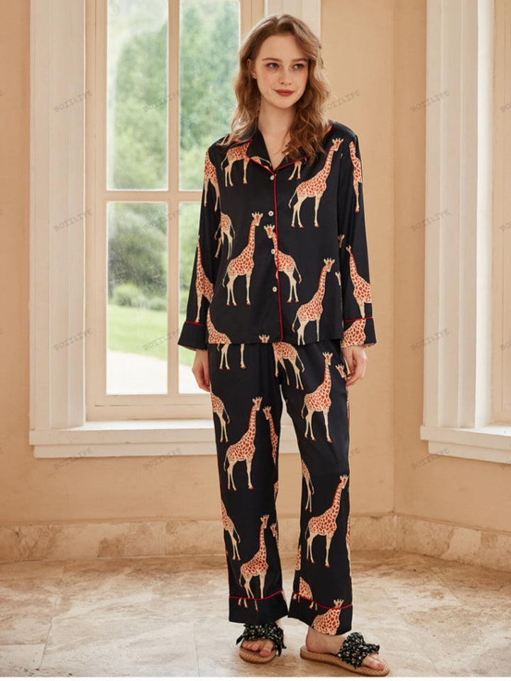 Set da casa Giraffe a maniche lunghe in seta ghiacciata - Nero