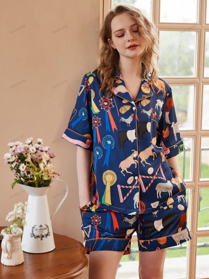 Set di Loungewear Corto con Stampa di Animali Carini in Stile Cartone Animato