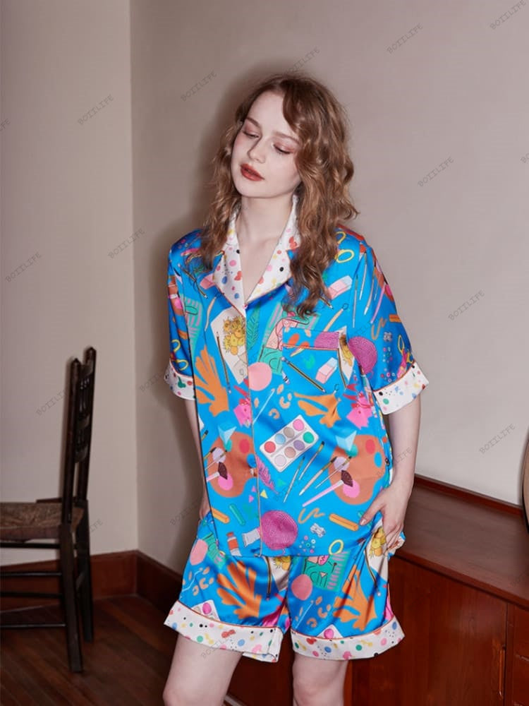 Set abbigliamento da casa casual a maniche corte con stampa di cancelleria - blu