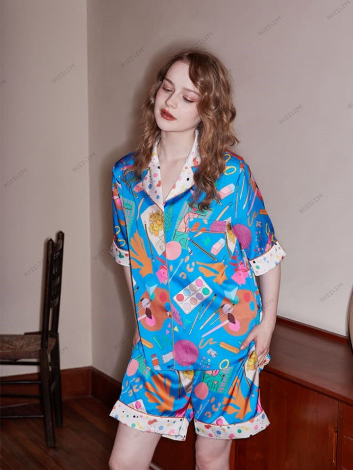 Set abbigliamento da casa casual a maniche corte con stampa di cancelleria - blu