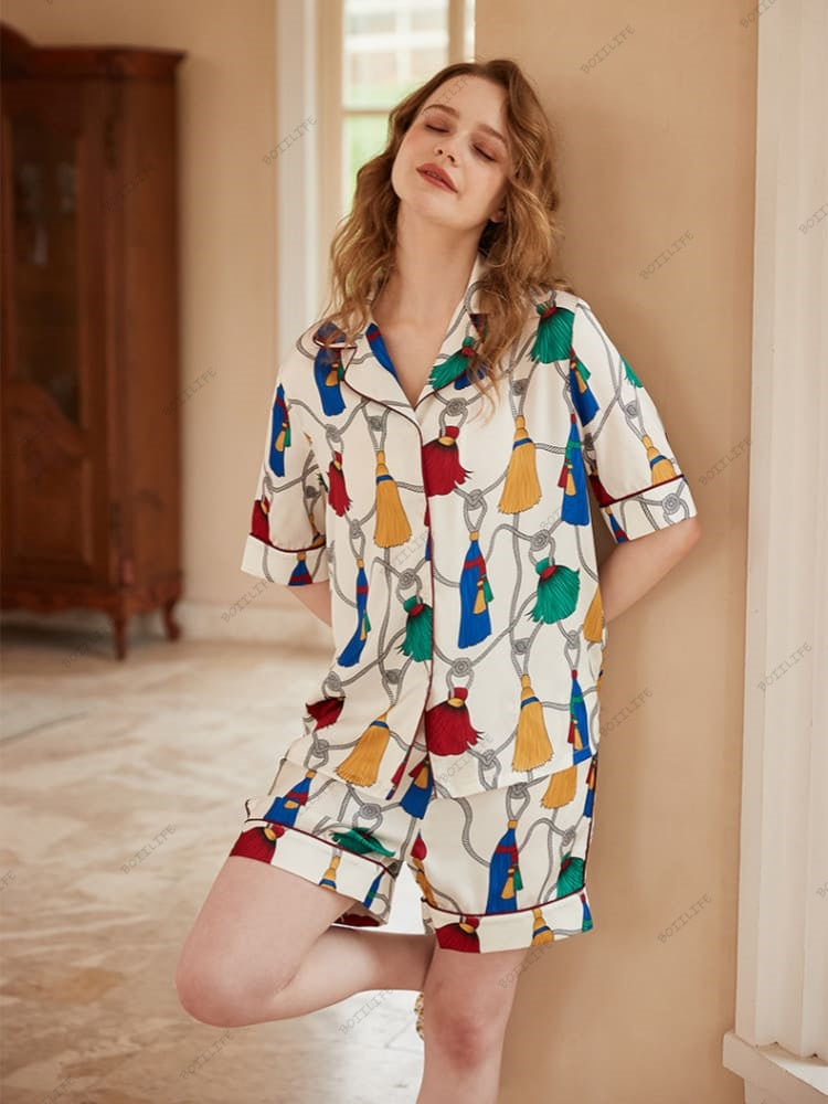 Frynsemønster Is Silke Kortærmet Loungewear Sæt