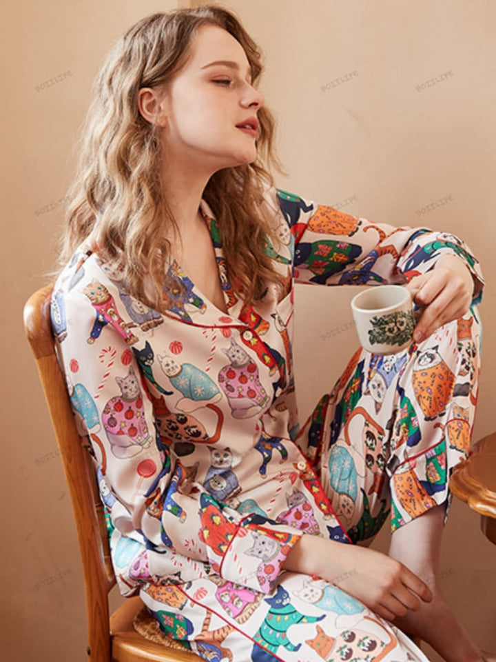 Set de pijamale cu mânecă lungă din mătase de gheață cu imprimeu de pisică drăguță