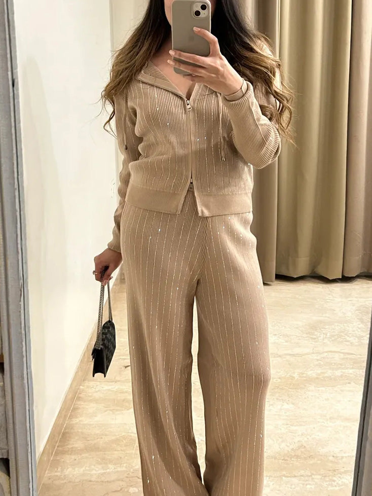 Skinnende Silke Hættetrøje Strikket Cardigan Bukser Sæt