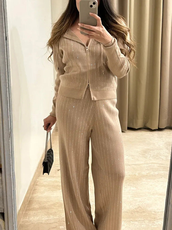 Skinnende Silke Hættetrøje Strikket Cardigan Bukser Sæt