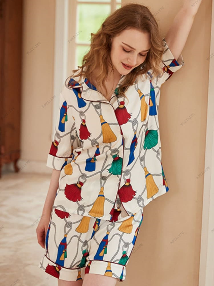 Frynsemønster Is Silke Kortærmet Loungewear Sæt