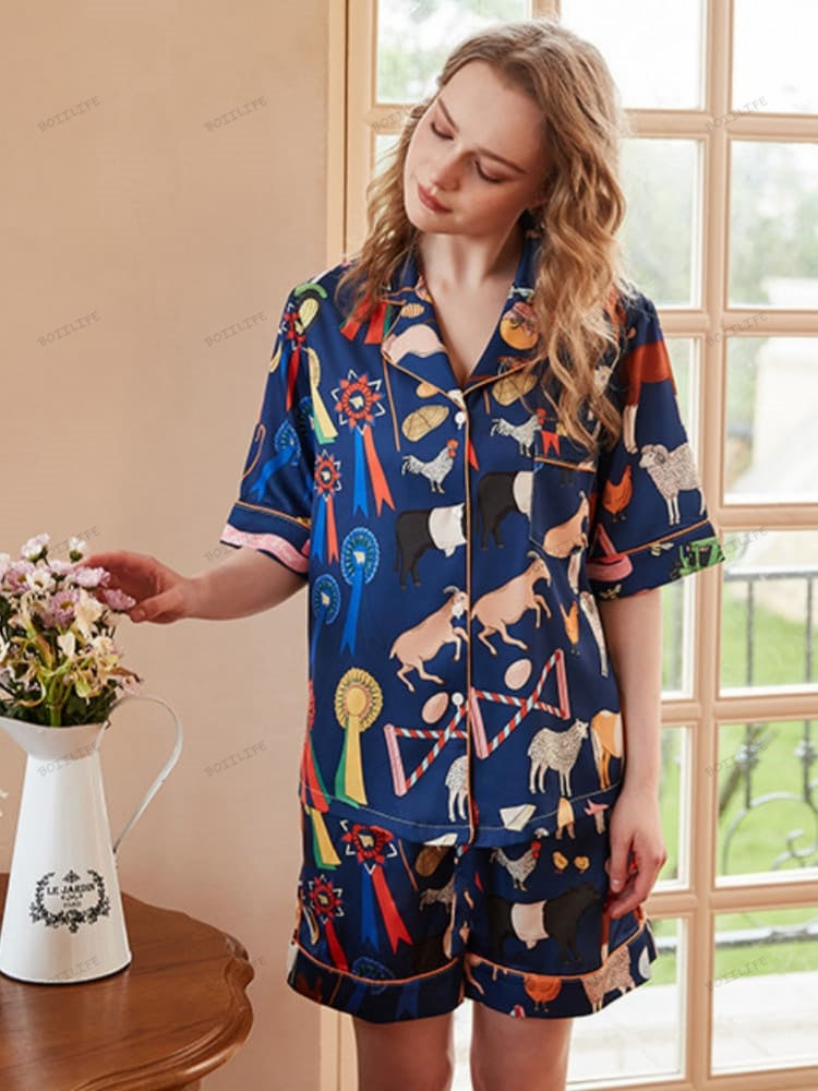 Set di Loungewear Corto con Stampa di Animali Carini in Stile Cartone Animato