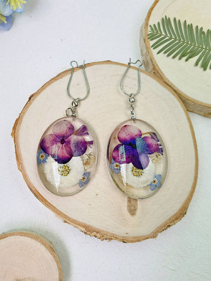 Boucles d’oreilles à fleurs pressées en résine - Forget Me Not Pansy