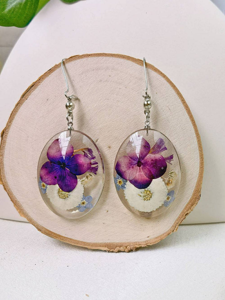 Boucles d’oreilles à fleurs pressées en résine - Forget Me Not Pansy