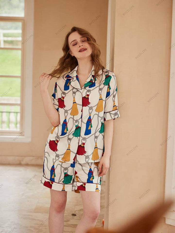 Frynsemønster Is Silke Kortærmet Loungewear Sæt