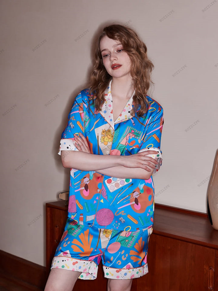 Set abbigliamento da casa casual a maniche corte con stampa di cancelleria - blu