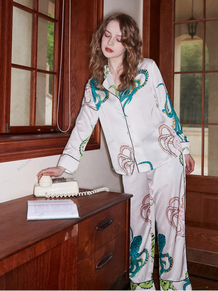 Σετ μακρυμάνικου σαλονιού Octopus Print Ice Silk - Λευκό