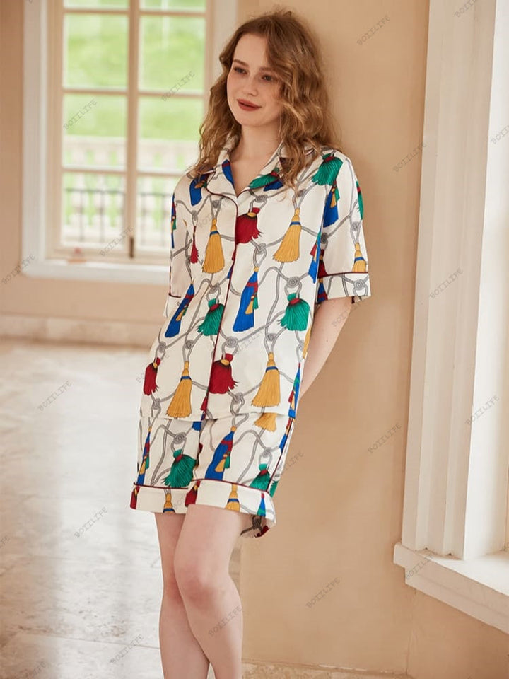 Frynsemønster Is Silke Kortærmet Loungewear Sæt