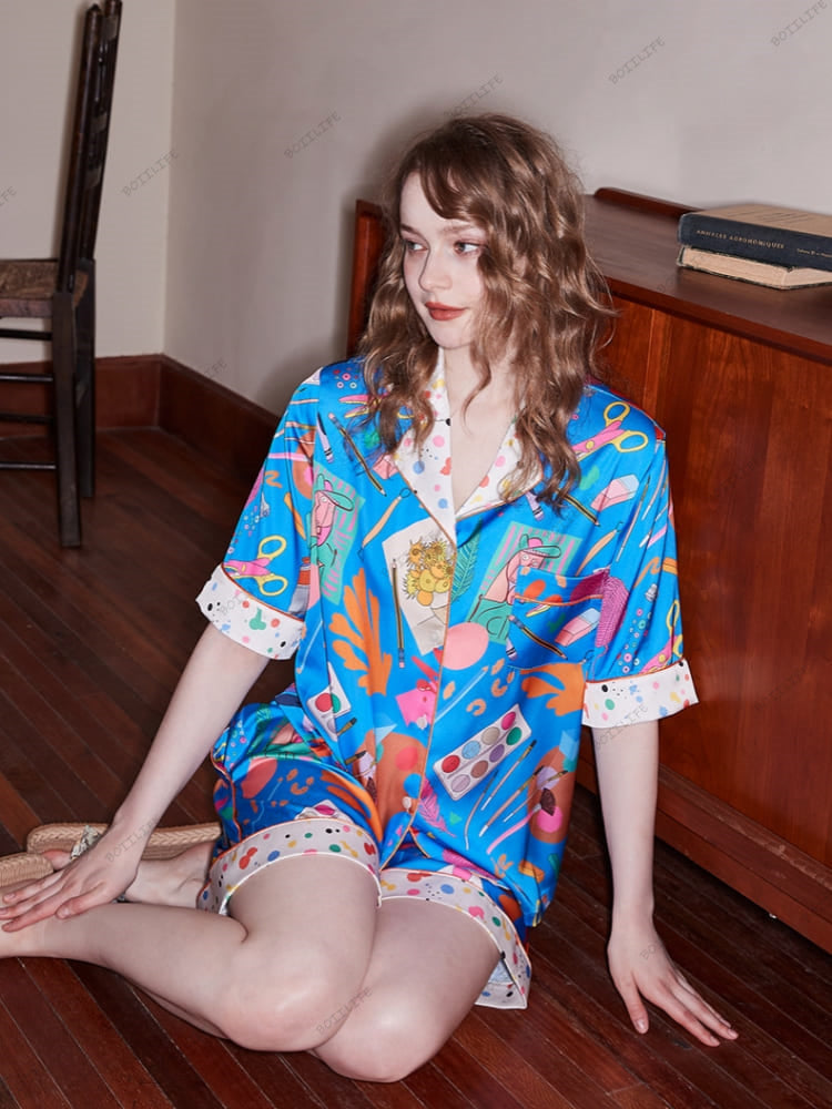 Set abbigliamento da casa casual a maniche corte con stampa di cancelleria - blu