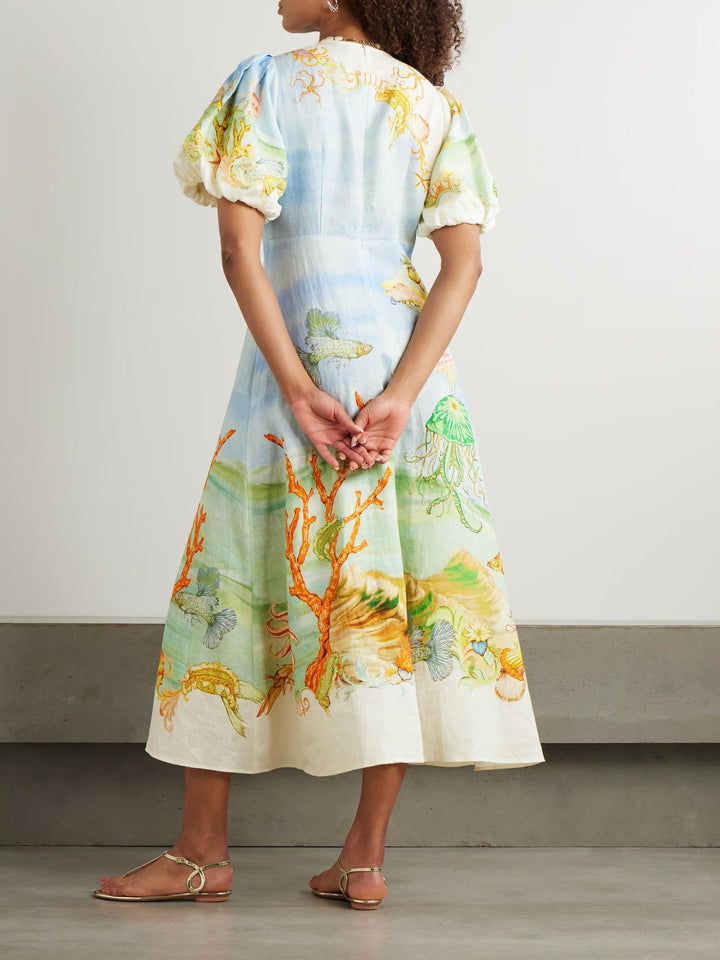 Gathered Printed Linen-Gauze Midi Dress