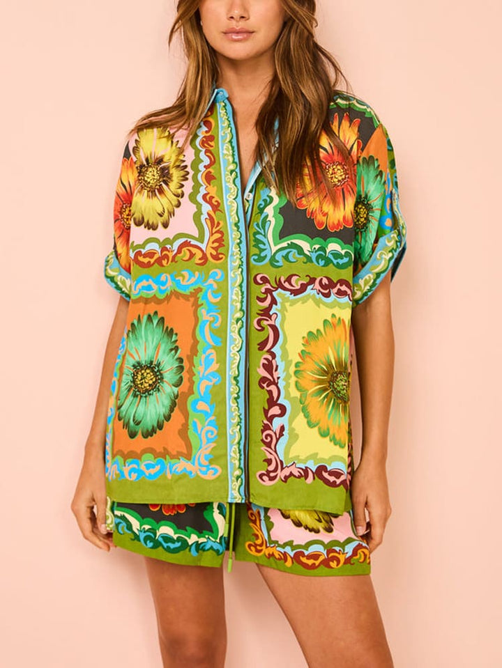 Ειδικό Σετ Sunflower Print Ελαστικό Σορτς Μέσης