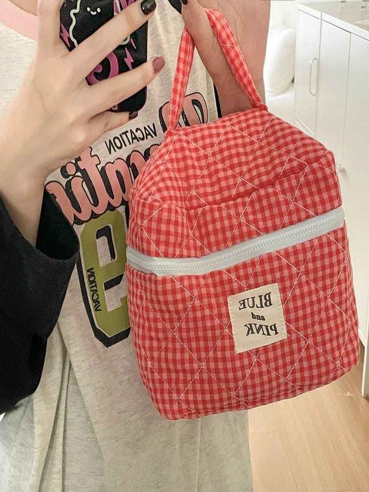 Cranberry Checkered Makeup Bag