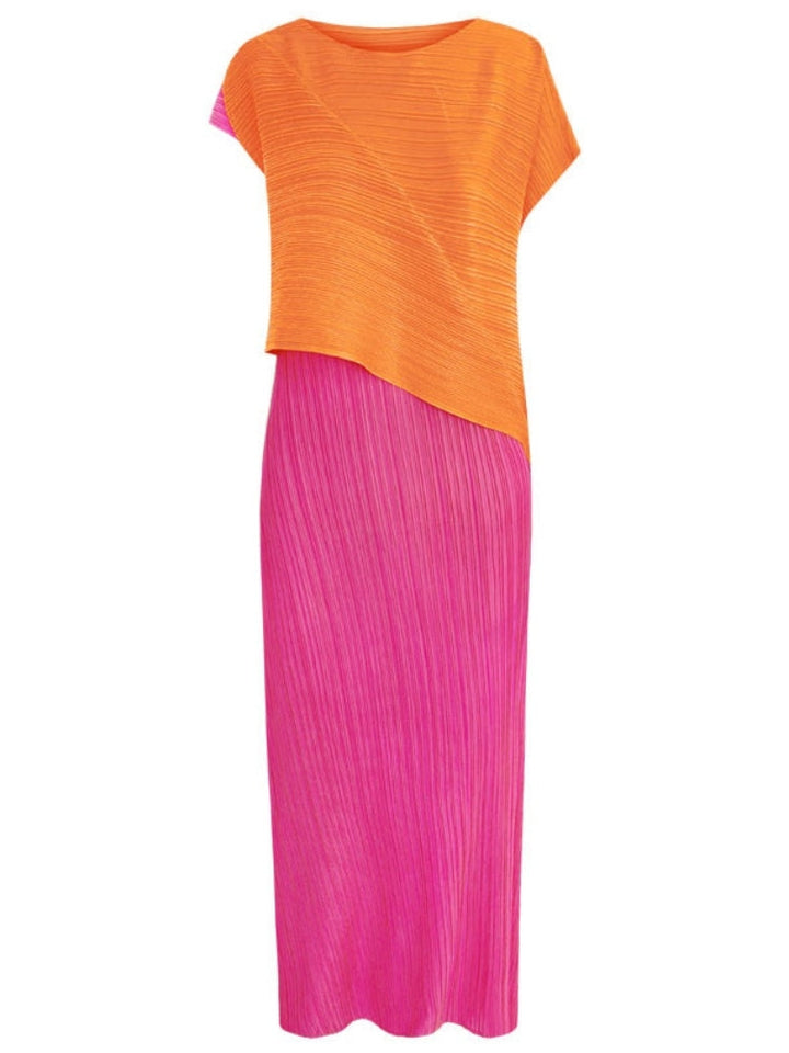 Round Neck Pleated Color Block Midi Dress