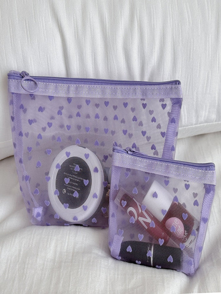 Purple Transparent Heart Makeup Bag