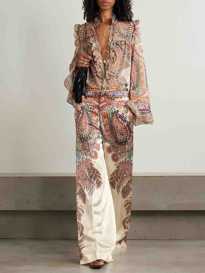 Exquisite Vintage Paisley Print Wide-leg Pants