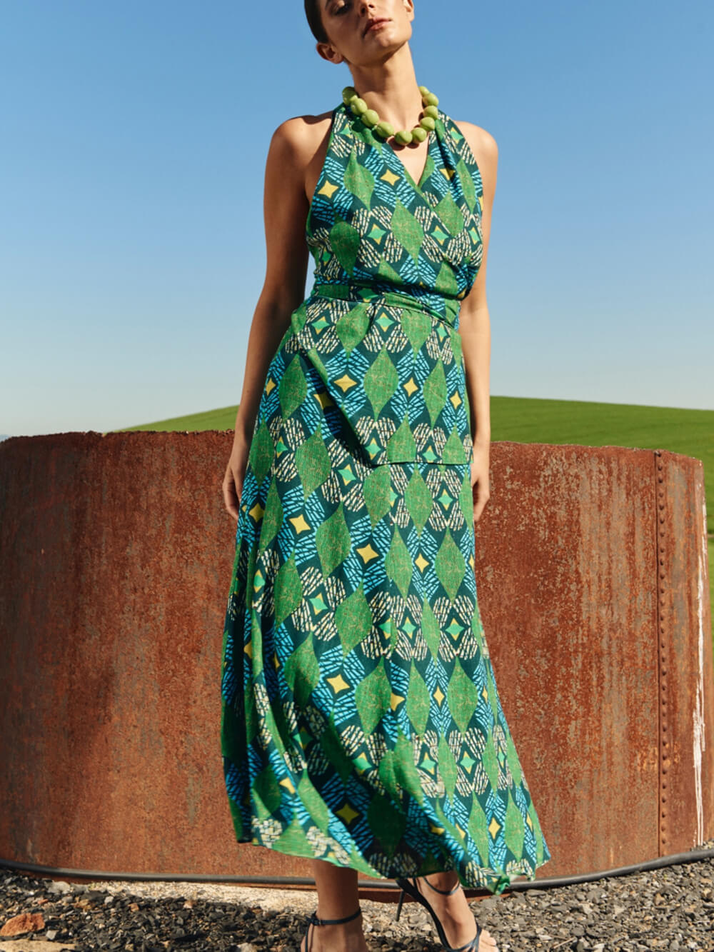 Green And Turquoise Geometric Halter Top