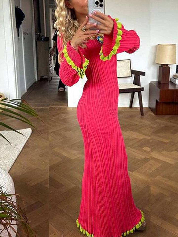 Bell Sleeve firkantet hals kontrast lang strikket kjole