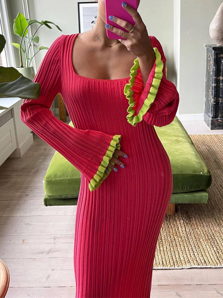 Bell Sleeve firkantet hals kontrast lang strikket kjole