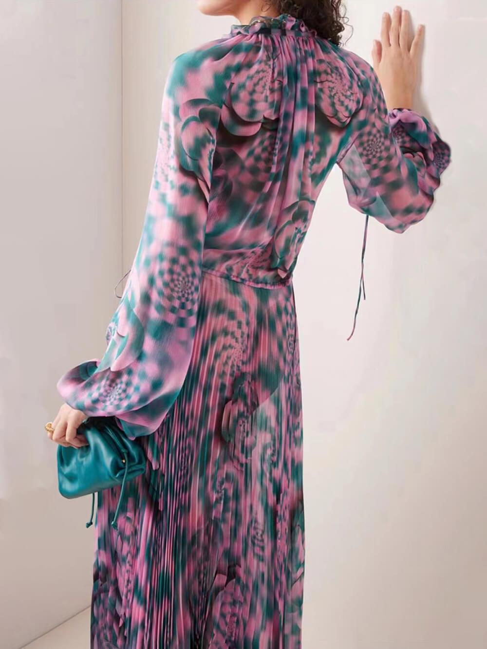 Millie Printed Plisse Drawstring Chiffon Maxi Dress