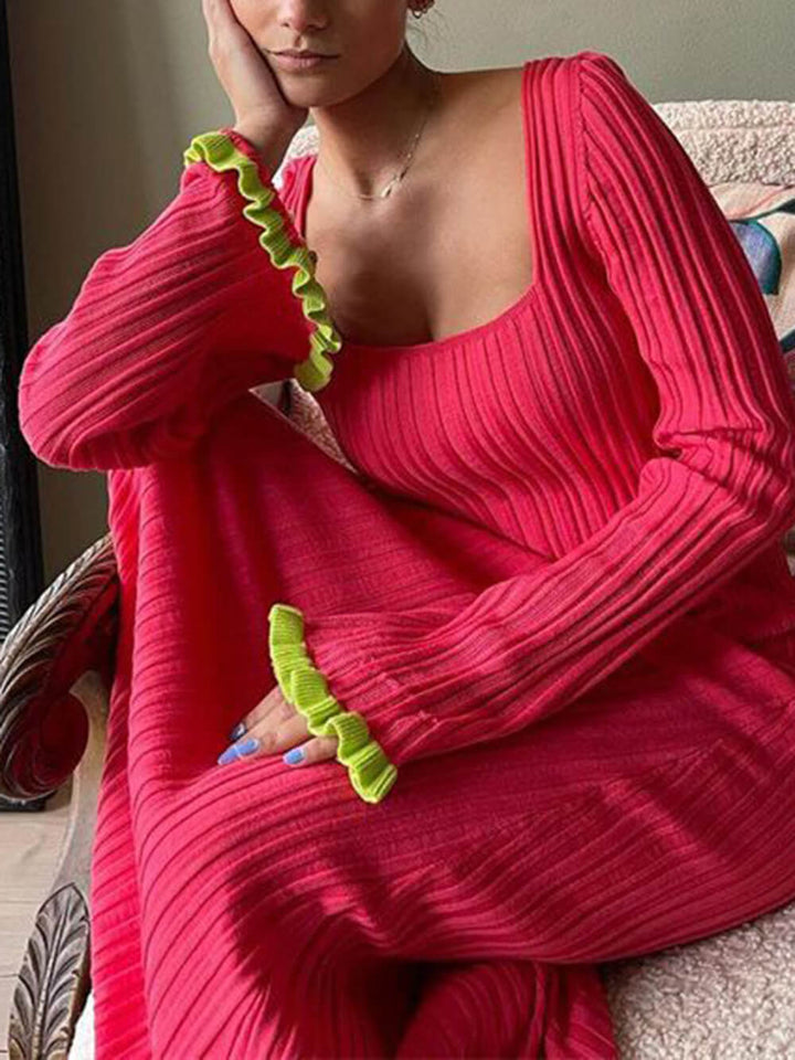 Bell Sleeve firkantet hals kontrast lang strikket kjole