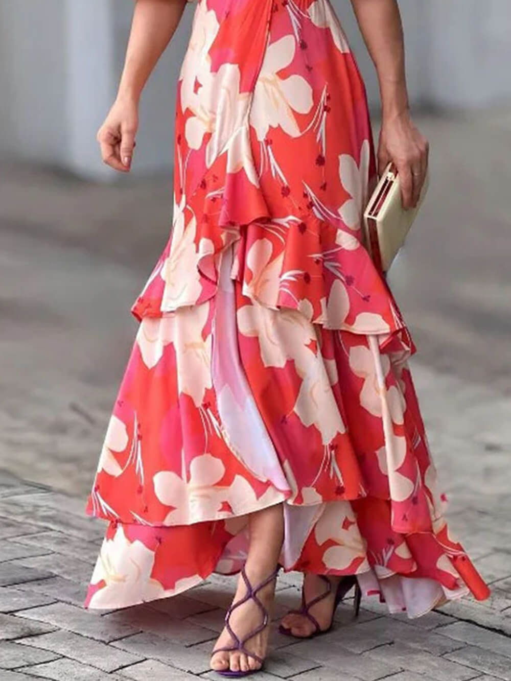 Elegant V-Neck Printed Layered Dress