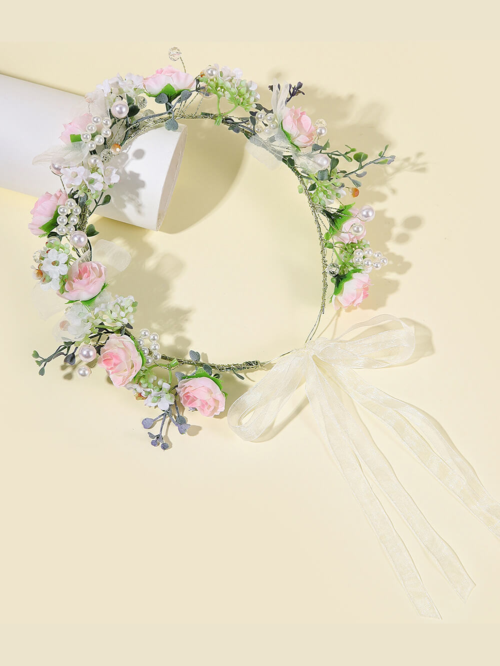 Bridal Flower Crown - Dreamed White Pearl Pink Roses