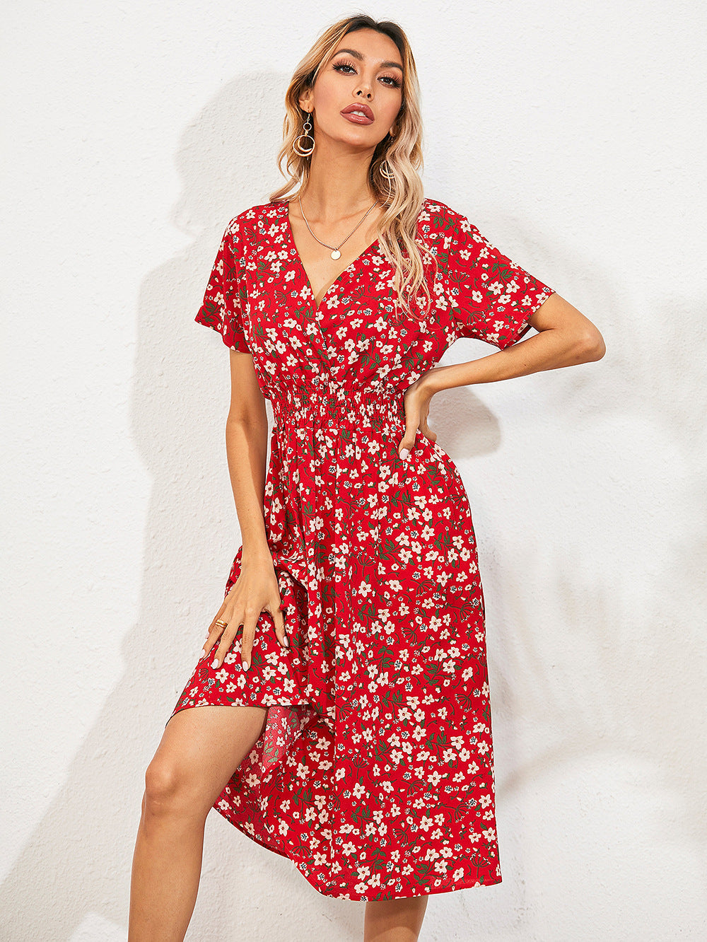 Fashion Casual Small Floral Short-sleeved Midi Dresses