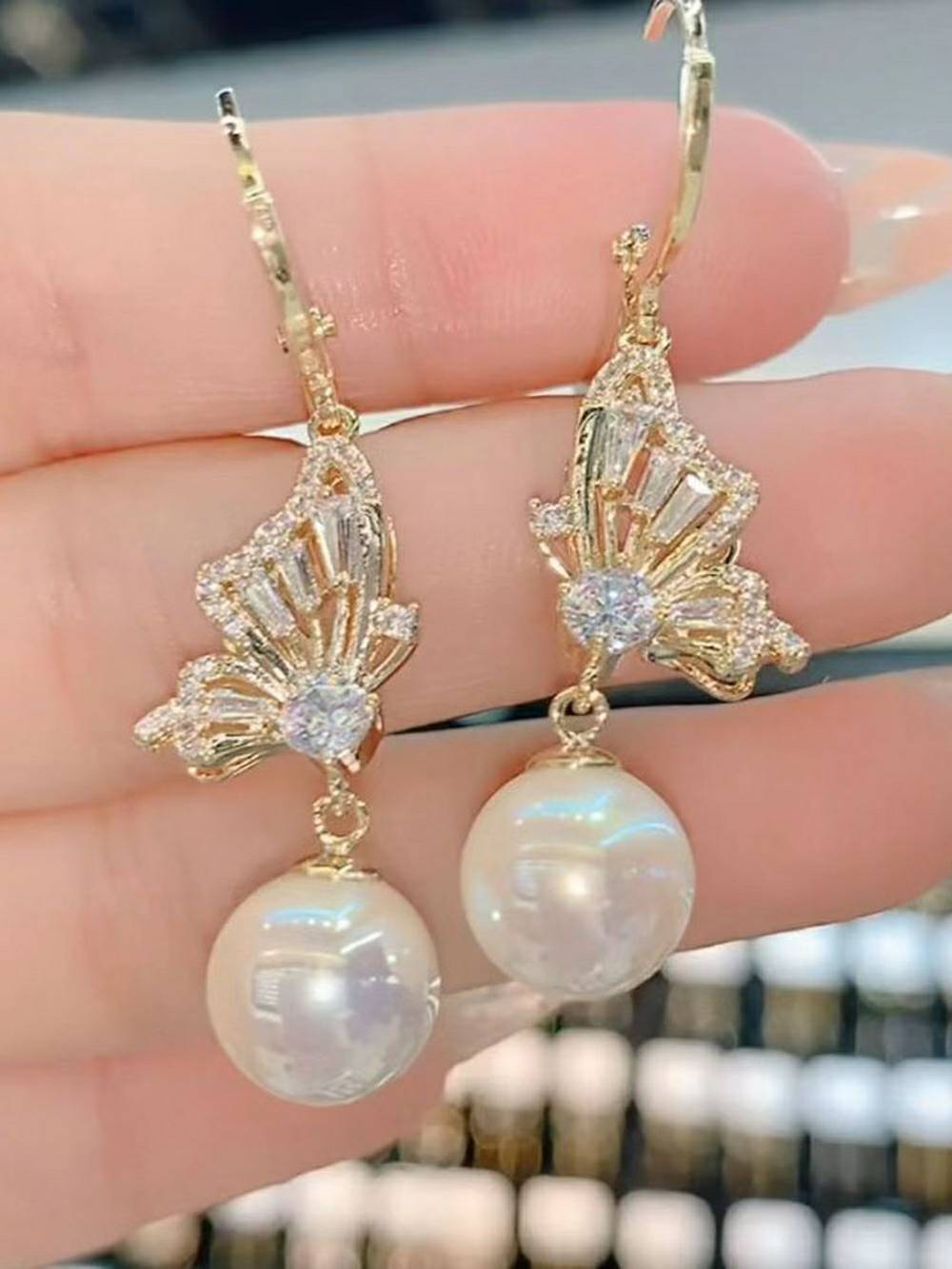 Butterfly Pearl-Encrusted Pendant Earrings