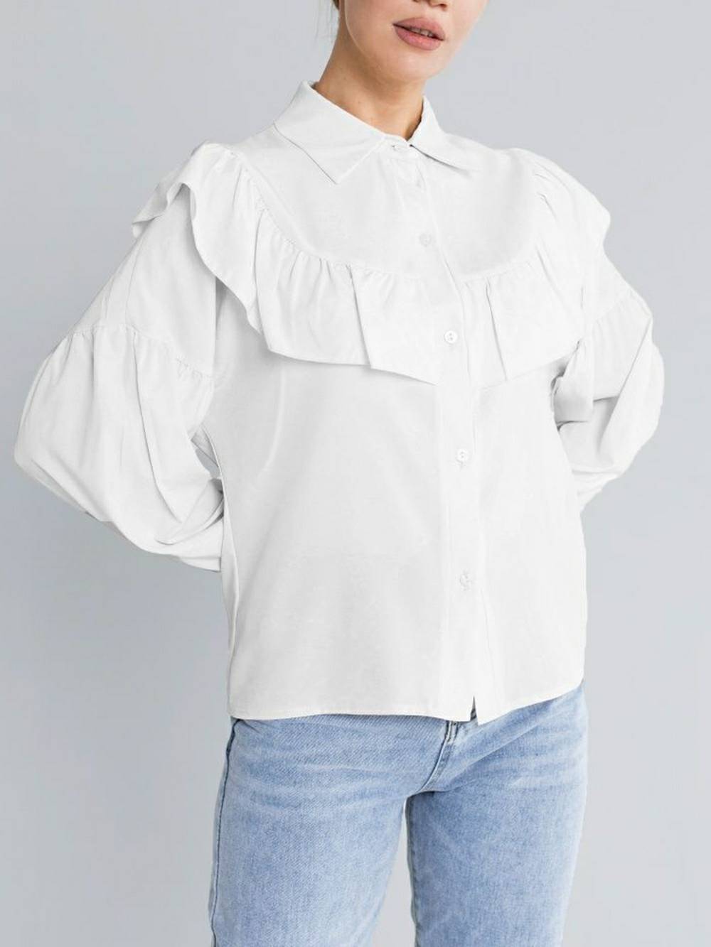 Ruffled Women Shirt Solid Slim Office Lady Frill Shirt