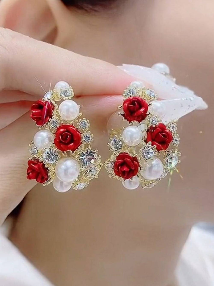 C-Shaped Rose and Pearl Earrings