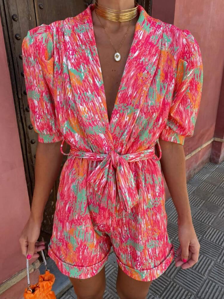 Candy Floral Puff Sleeves Romper In Pink