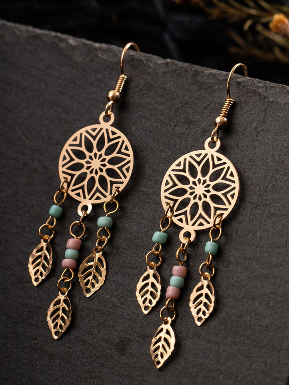 Boho øredobber - Floral Circle Beaded Tassel Leaves