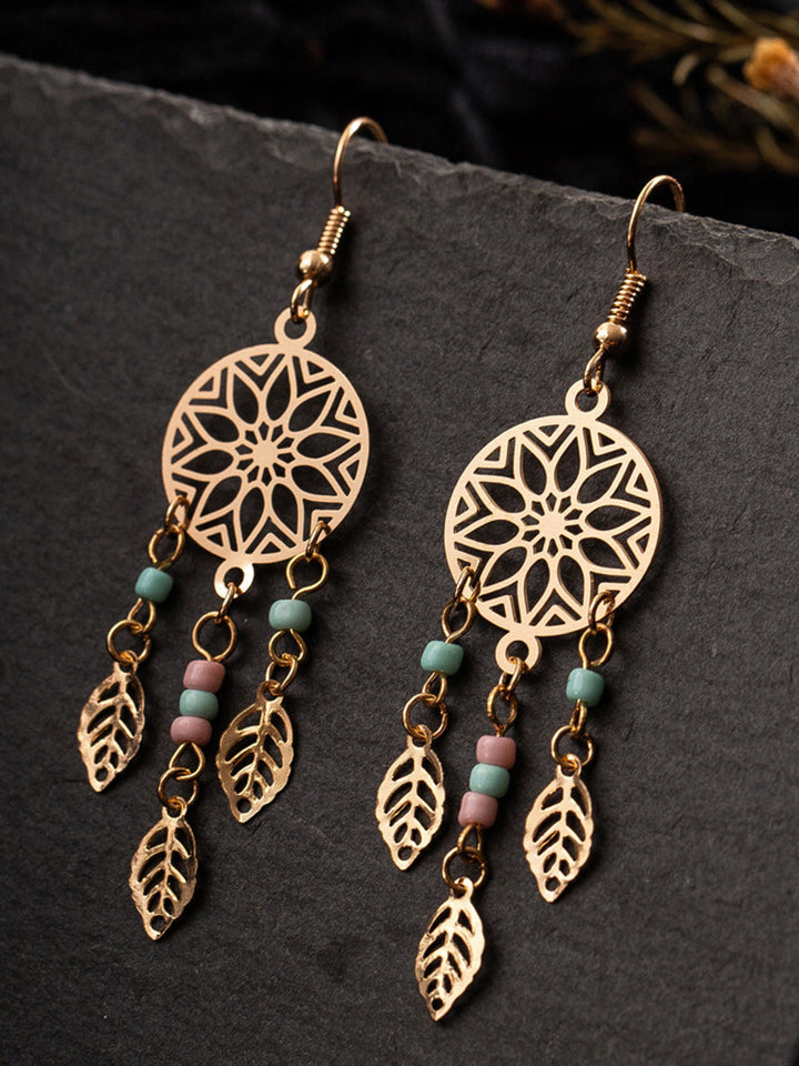 Boho øredobber - Floral Circle Beaded Tassel Leaves