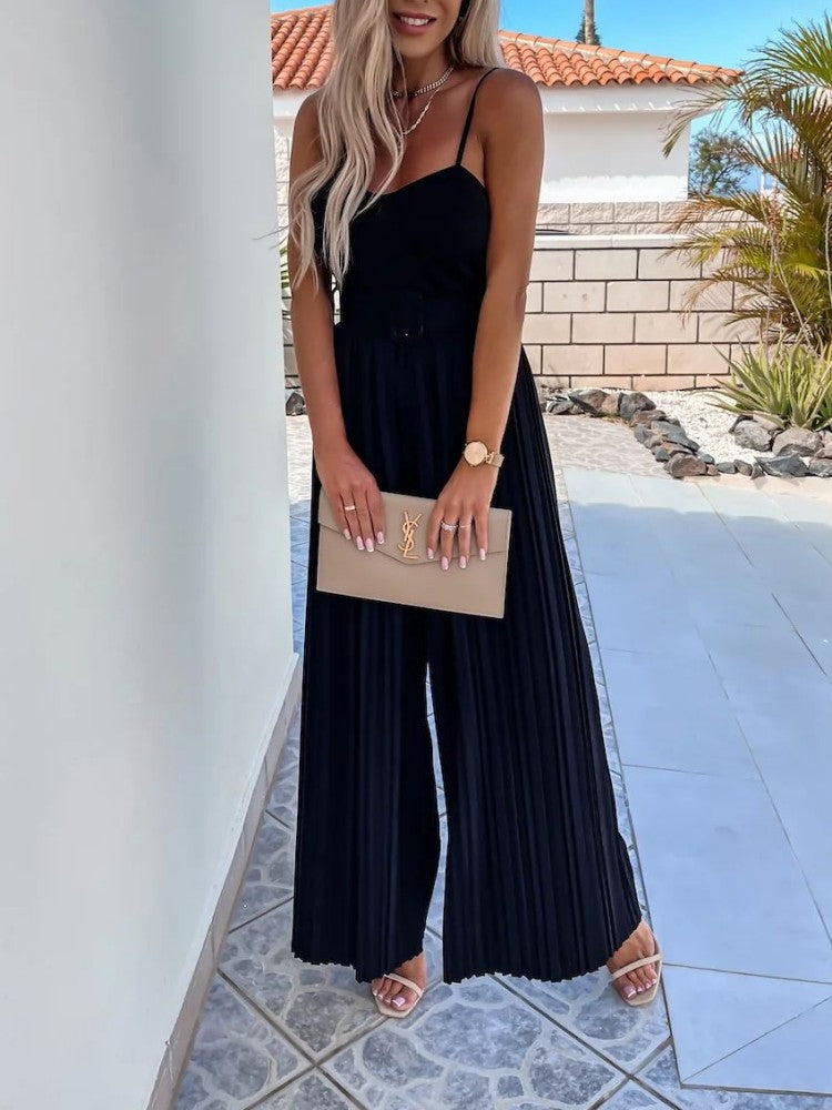 Strappy Jumpsuit With Wide Leg Pleated Detail In Black