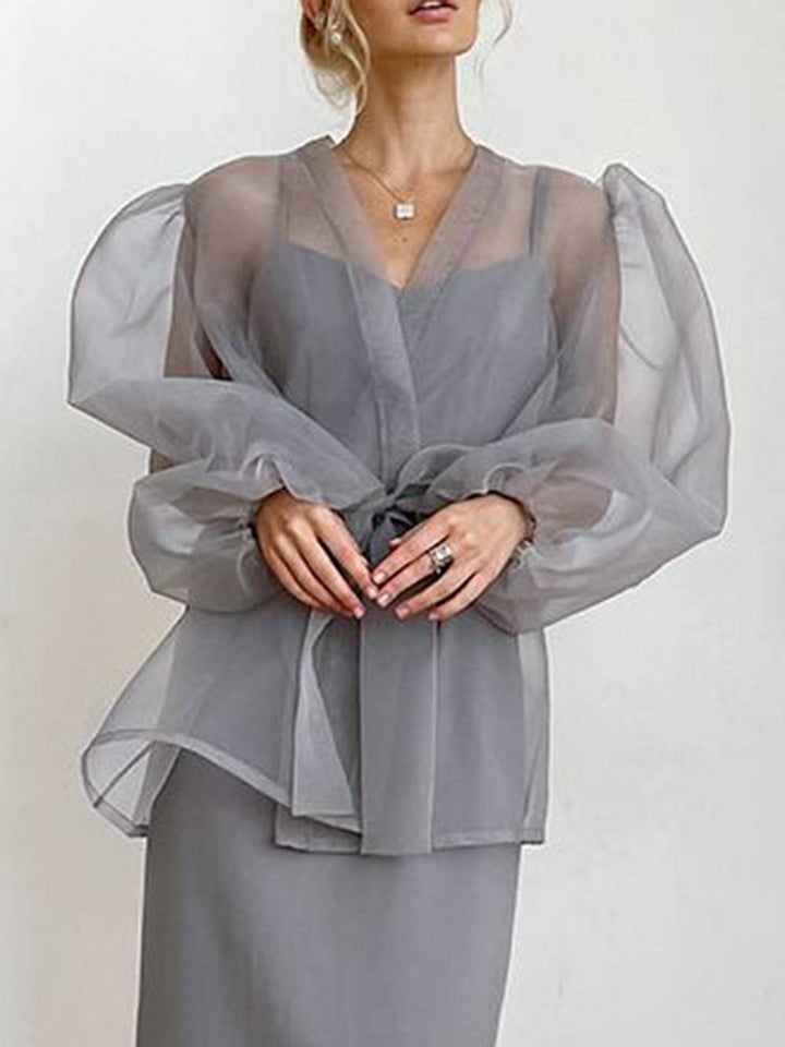 Sheer Sexy Top V Neck Long Puff Sleeves Bow Tie Chic Blouse