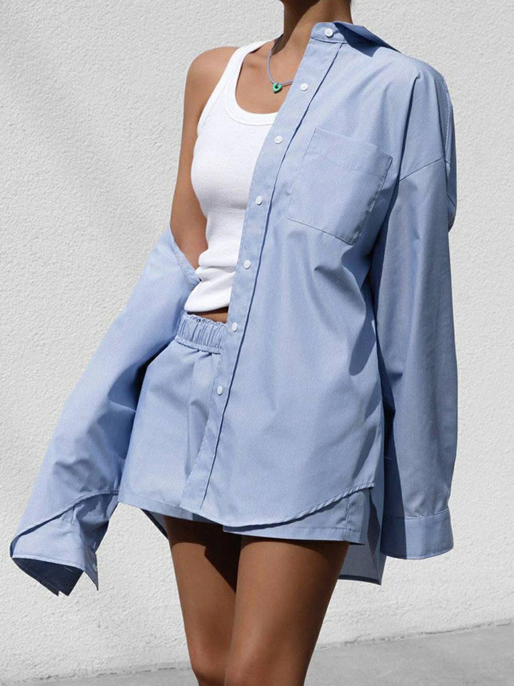 Blue Elegant Long Sleeve Shirt Set